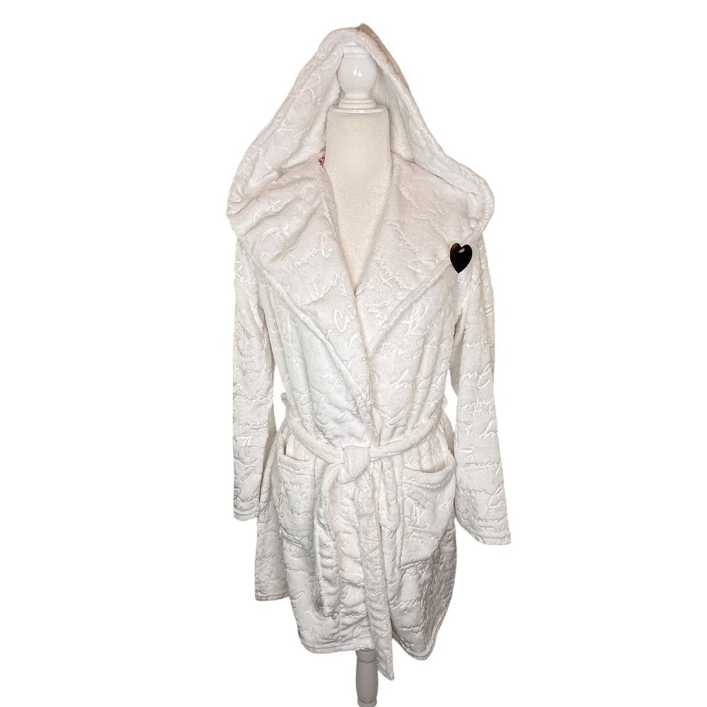 Juicy Couture White Plush Hooded Robe S/M Embossed Logo Bling Juicy Back NWT